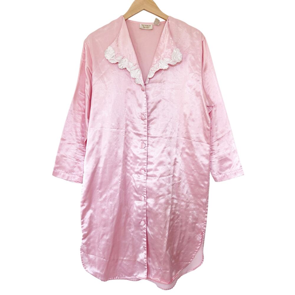 Vintage Victoria's Secret Pink Satin Button Front Sleep Dress Sz M/L
